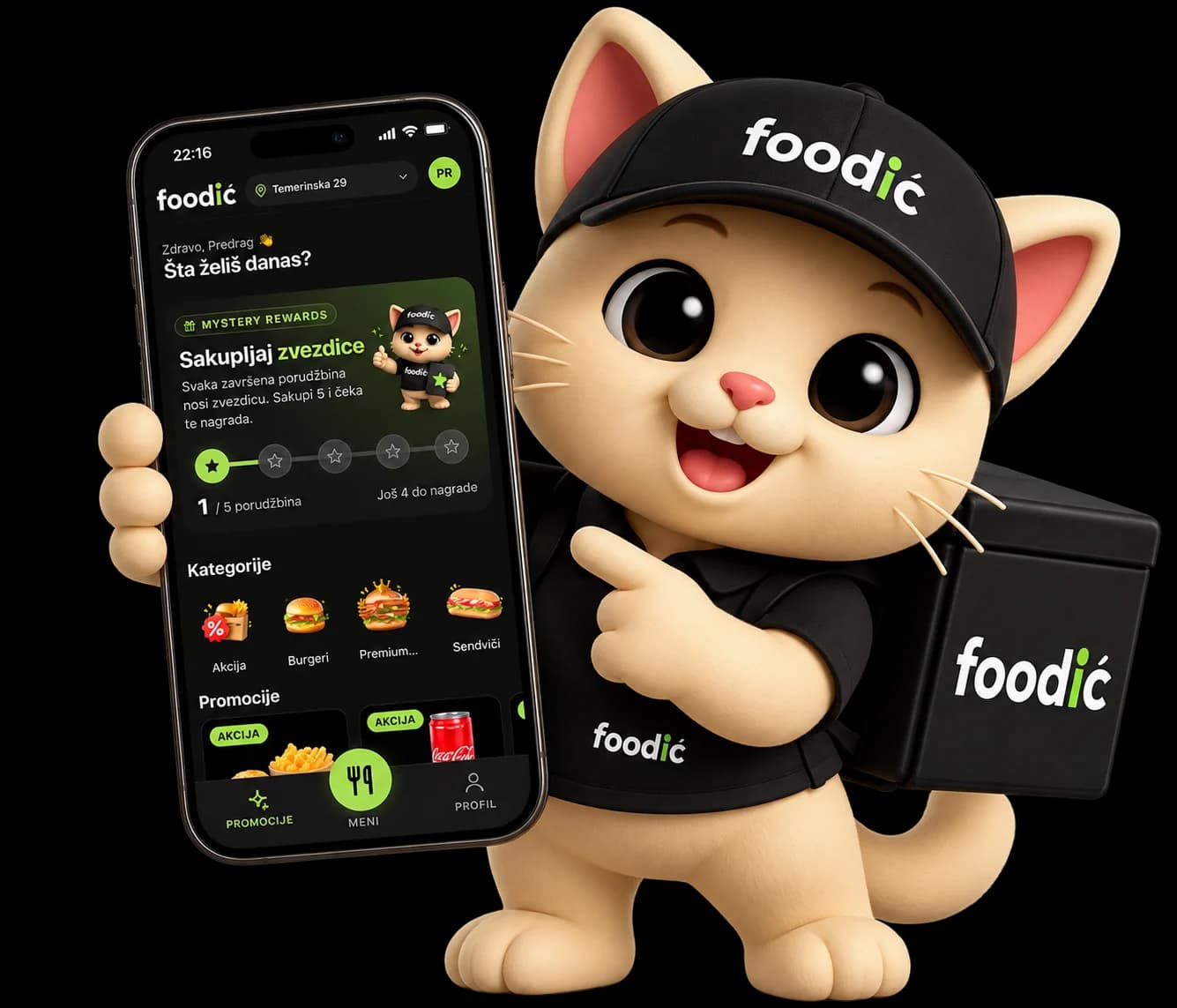Foodić maskota drži telefon sa otvorenom Foodić aplikacijom